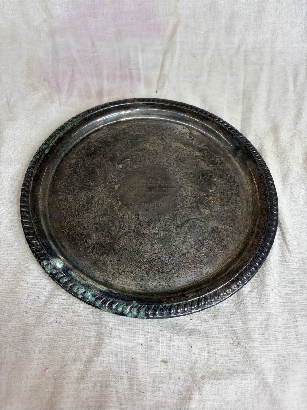 Engraved Silver Tone Serving Tray - Ornate Round Platter